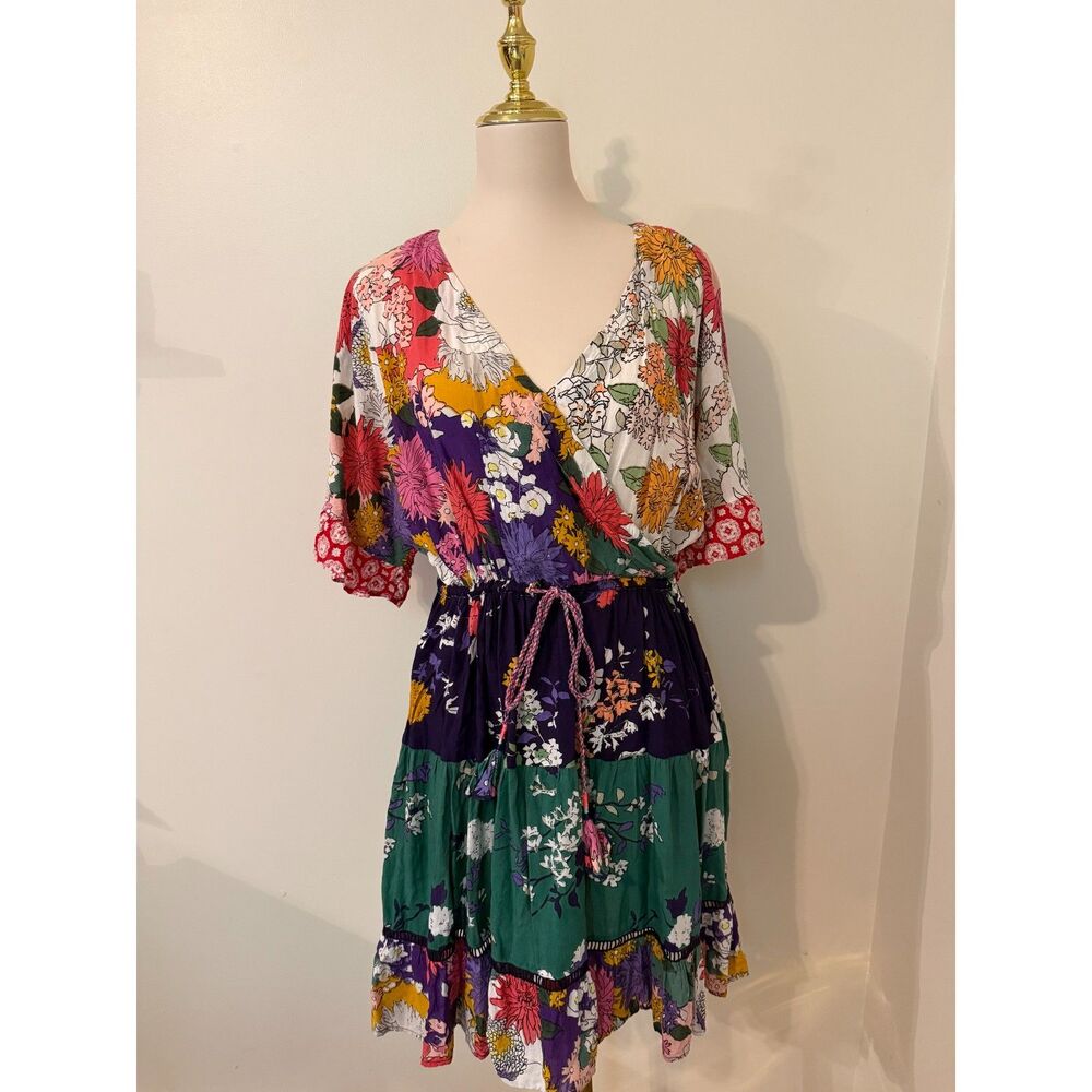 Anthropologie Nettie Tiered Mini Dress M Floral Patchwork Boho Tassel